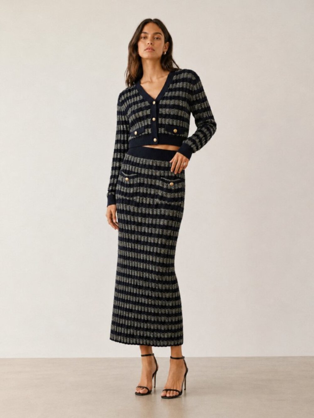 Anthropologie MOON RIVER Striped Metallic Knit Crop Sweater & Midi Skirt Set NWT